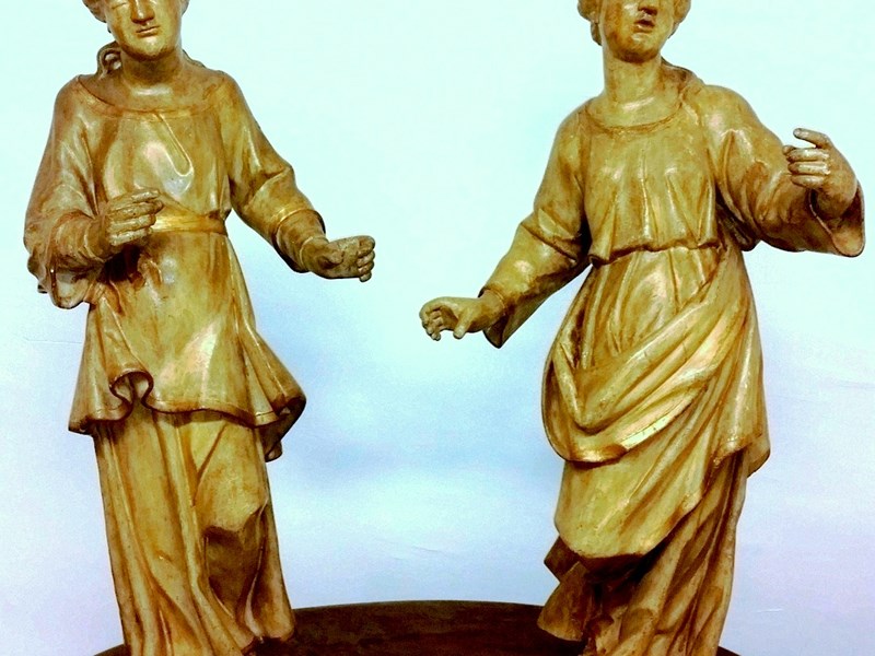 COPPIA DI IMPORTANTI SCULTURE LIGNEE  ITALIANE FINE DEL XVI° SECOLO