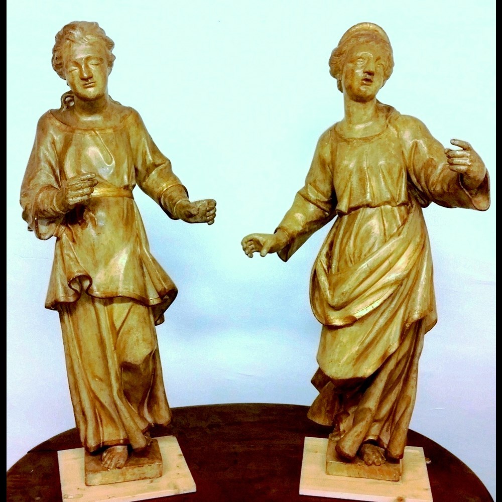 COPPIA DI IMPORTANTI SCULTURE LIGNEE  ITALIANE FINE DEL XVI° SECOLO