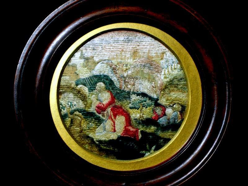 ANTICO RICAMO A PICCOLO PUNTO 'GESU' NEL GETSEMANI'  XVII° SECOLO