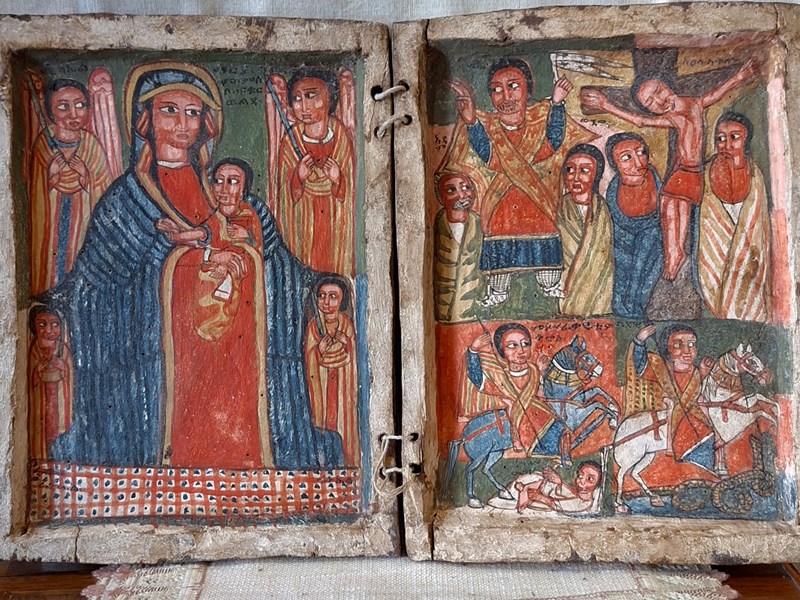 RARO, ANTICO  DITTICO A TEMPERA SU TAVOLA 'ICONA COPTA CON SCENE RELIGIOSE'