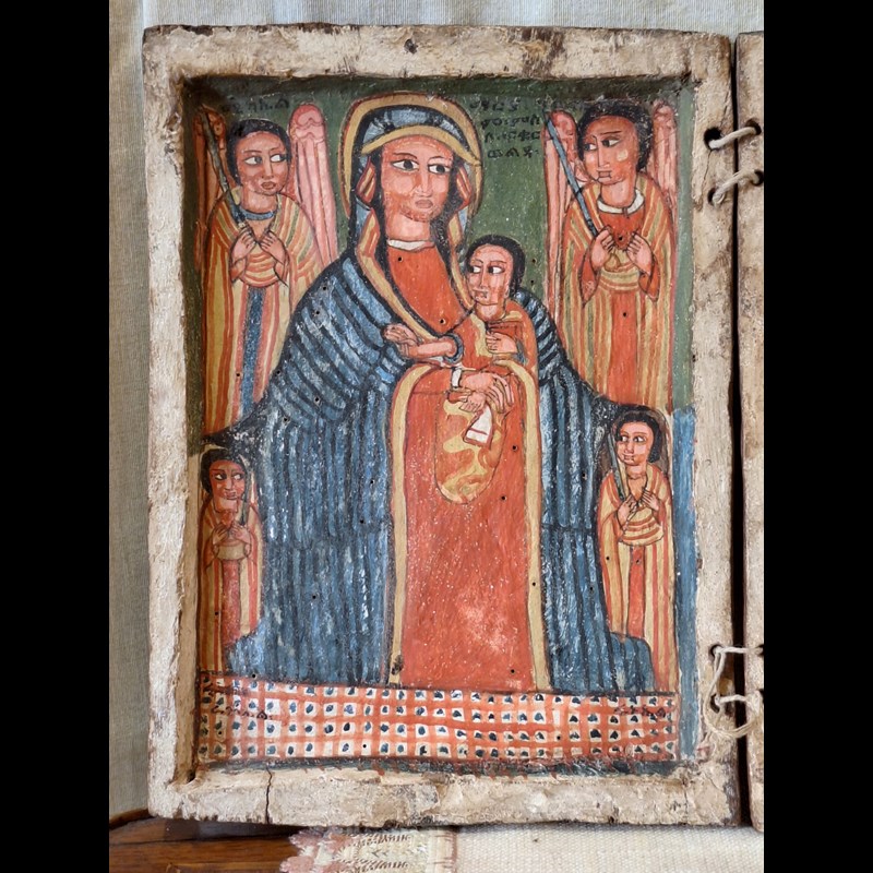 RARO, ANTICO  DITTICO A TEMPERA SU TAVOLA 'ICONA COPTA CON SCENE RELIGIOSE'