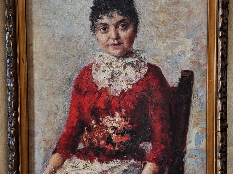 DIPINTO AD OLIO SU TAVOLETTA 'FANCIULLA CON VENTAGLIO'