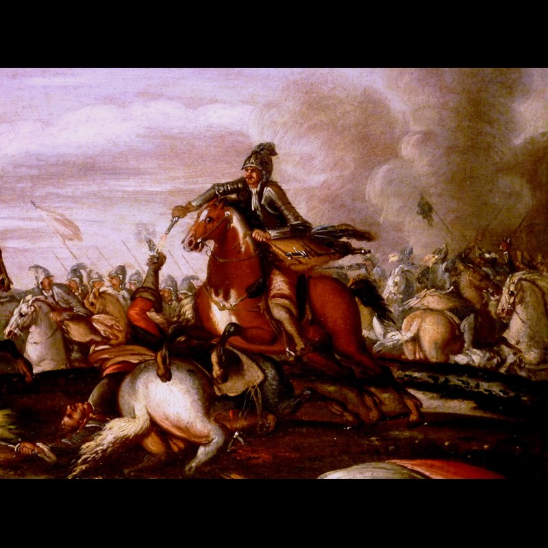 Antico dipinto 'Battaglia con cavalieri'