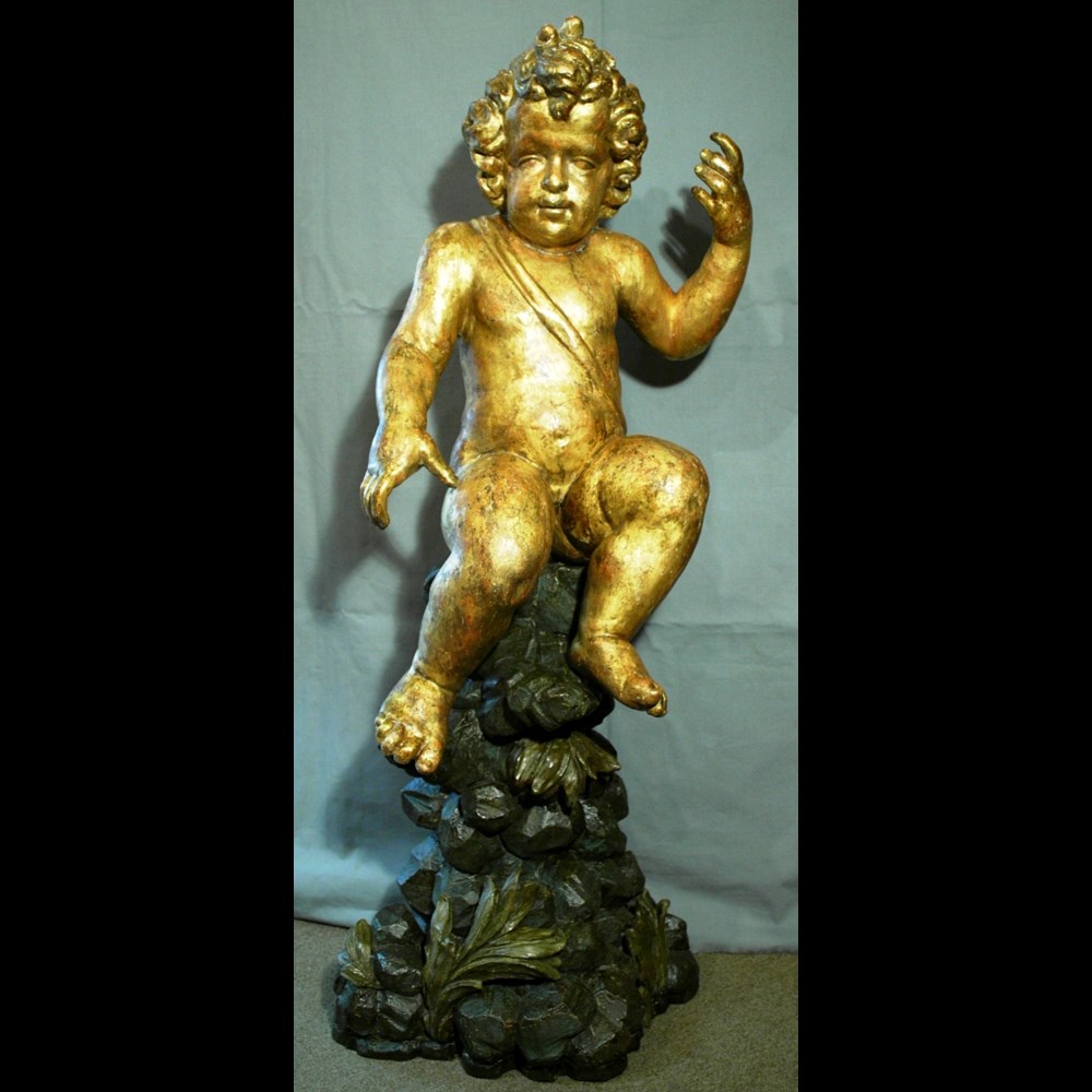 GRANDE STATUA LIGNEA 'PUTTO SEDUTO' GENOVA PARODI