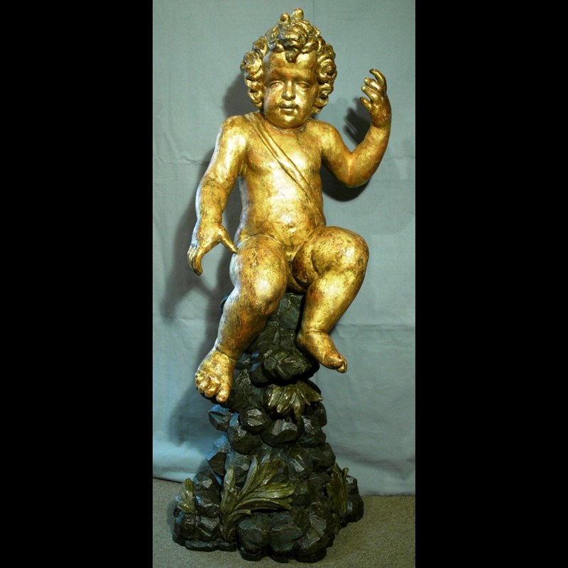 GRANDE STATUA LIGNEA 'PUTTO SEDUTO' GENOVA PARODI