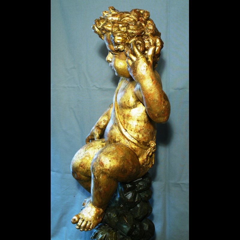 GRANDE STATUA LIGNEA 'PUTTO SEDUTO' GENOVA PARODI