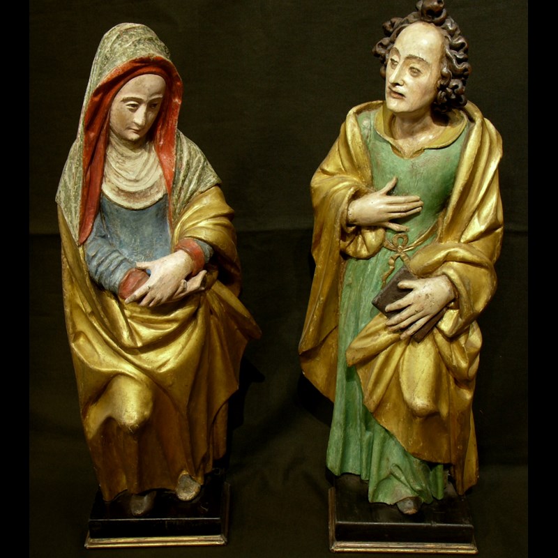 COPPIA DI SCULTURE LIGNEE POLICROME S GIOVANNI E LA MADONNA
