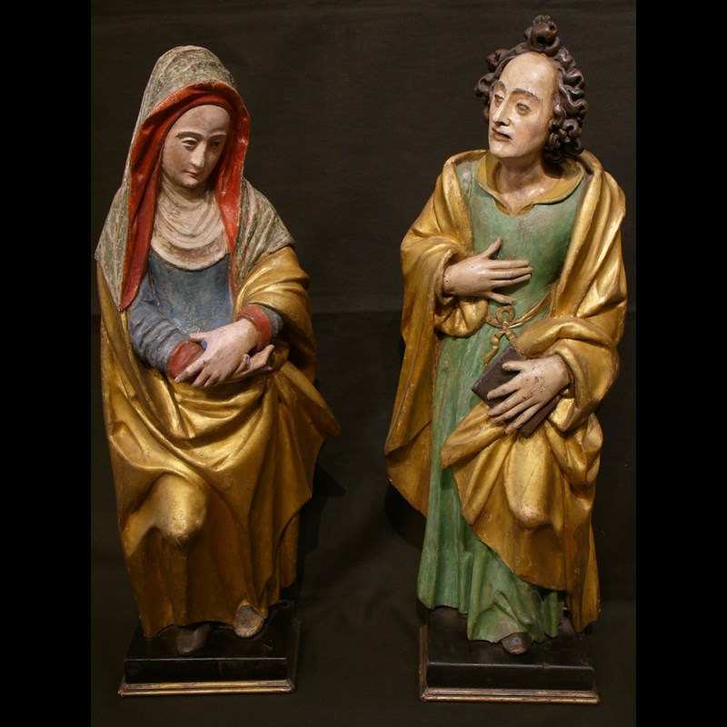 COPPIA DI SCULTURE LIGNEE POLICROME S GIOVANNI E LA MADONNA