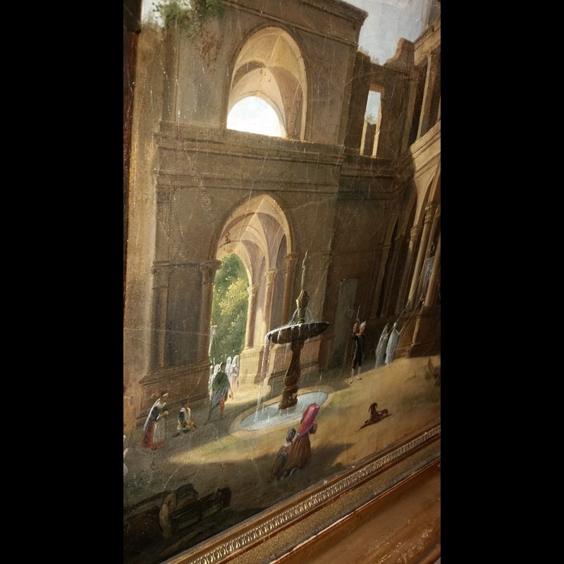 DIPINTO AD OLIO SU TELA 'PAESAGGIO ANIMATO CON ROVINE DI CATTEDRALE' PITTORE RENOUL