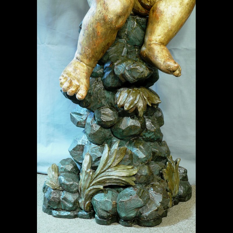 GRANDE STATUA LIGNEA 'PUTTO SEDUTO' GENOVA PARODI
