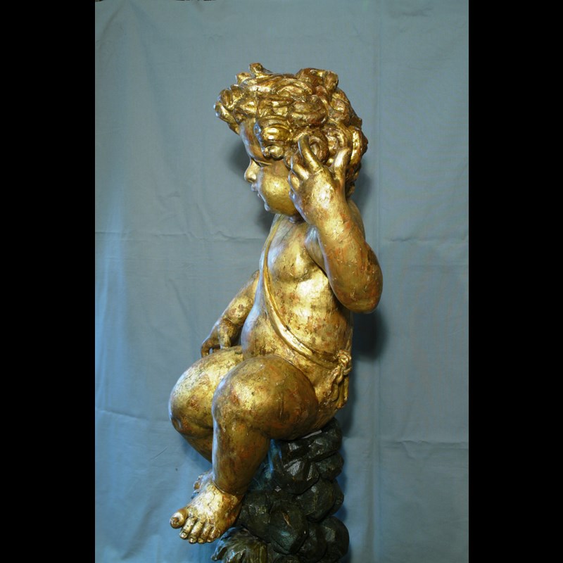GRANDE STATUA LIGNEA 'PUTTO SEDUTO' GENOVA PARODI