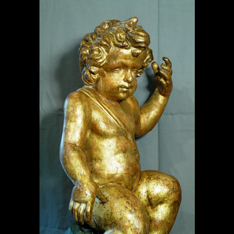GRANDE STATUA LIGNEA 'PUTTO SEDUTO' GENOVA PARODI