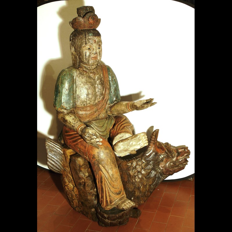 GRANDE BUDDA IN LEGNO POLICROMO FINE XVIII° SECOLO O ANTERIORE