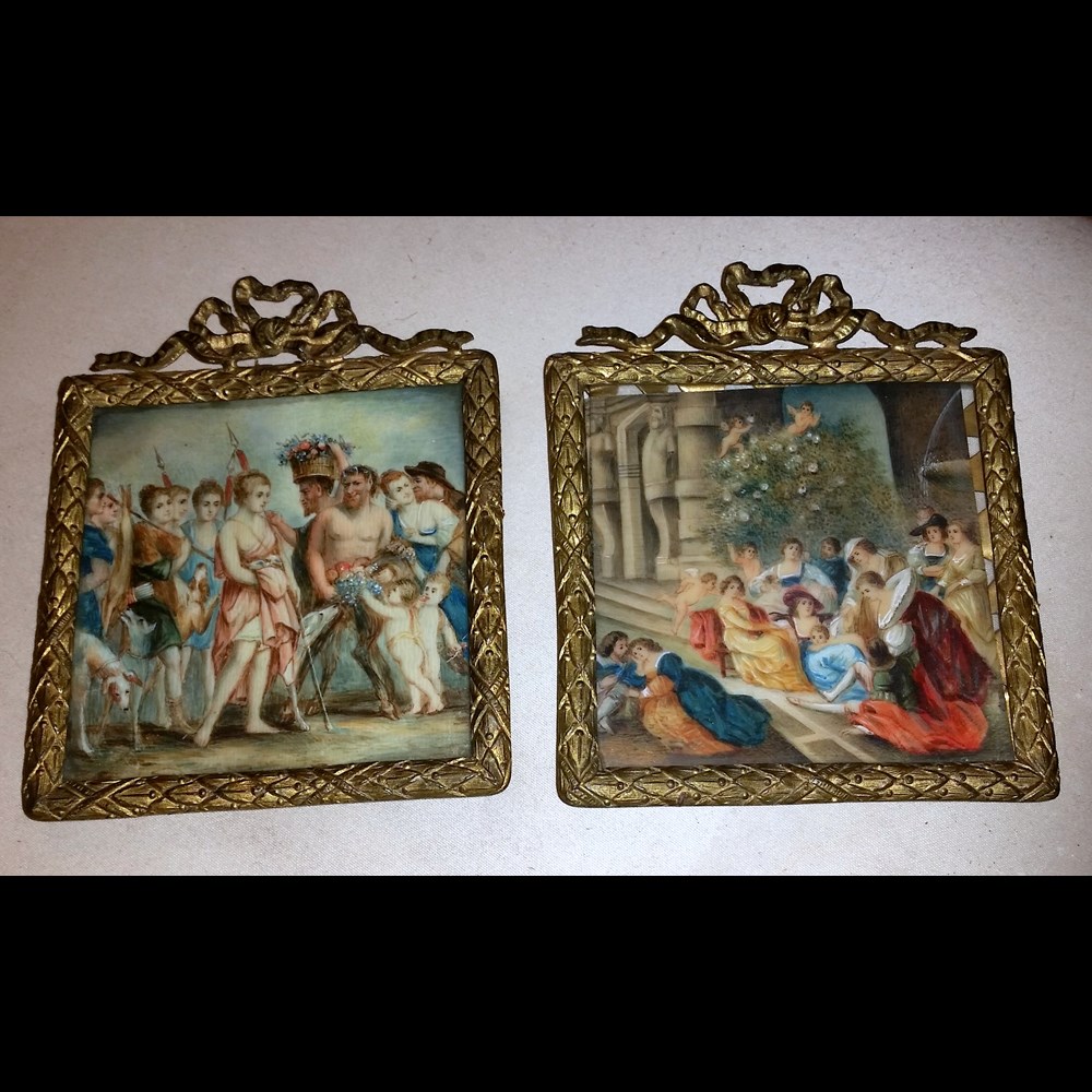 ANTICA COPPIA DI MINIATURE SU AVORIO 'SCENE CLASSICHE'