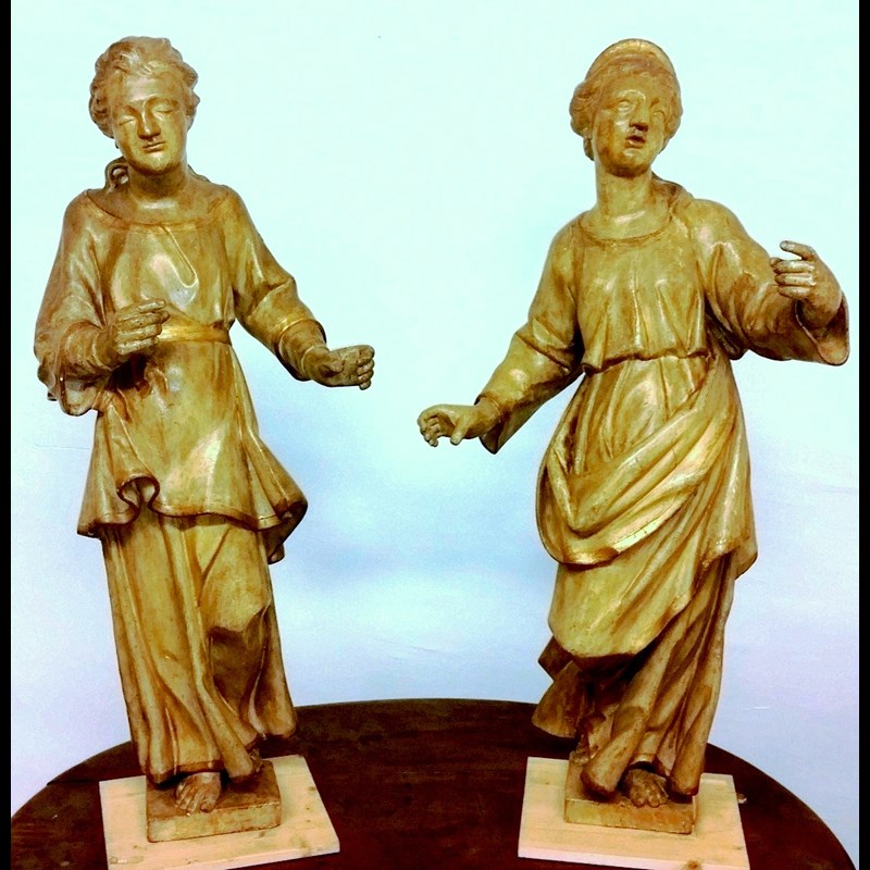 COPPIA DI IMPORTANTI SCULTURE LIGNEE  ITALIANE FINE DEL XVI° SECOLO
