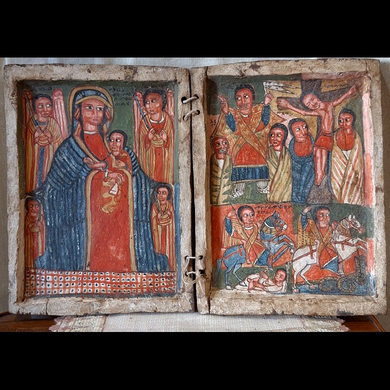 RARO, ANTICO  DITTICO A TEMPERA SU TAVOLA 'ICONA COPTA CON SCENE RELIGIOSE'